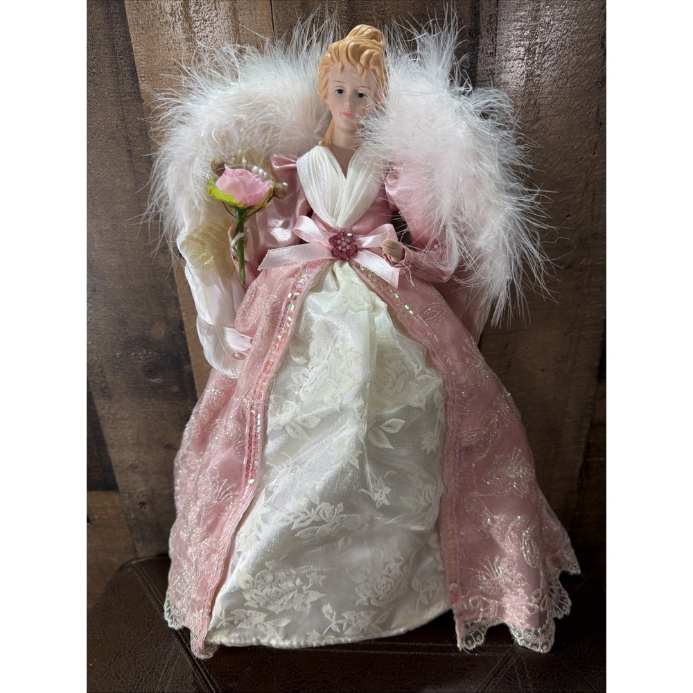 16" Victorian Angel Tree Topper Pink Shimmering Sequin Lace Dress Porcelain MCM